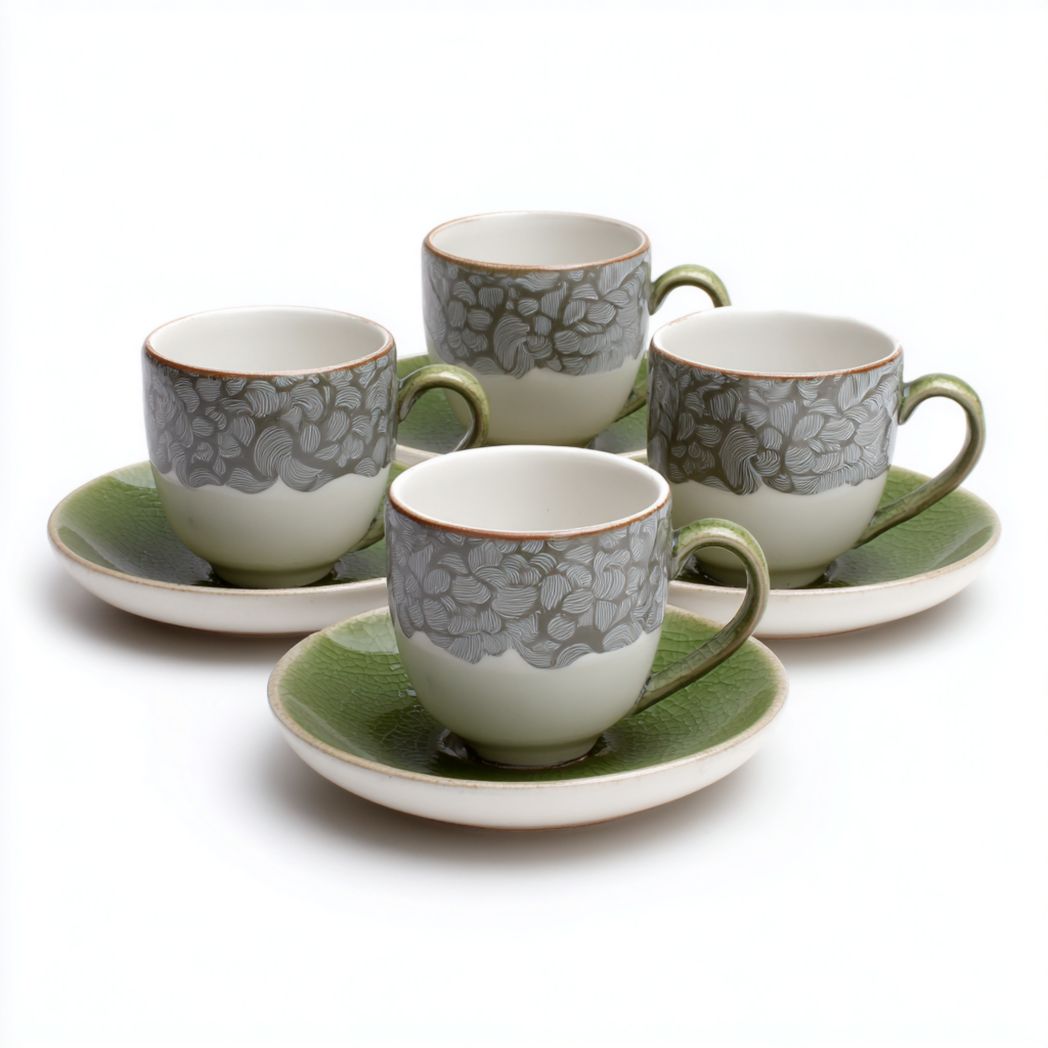 Service de tasses et soucoupes en céramique décor gris et assiettes émaillées vertes, lot de 4
