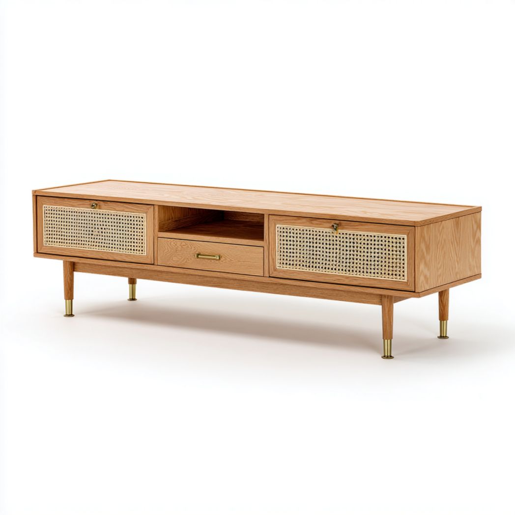 Meuble TV en bois marron clair avec trois tiroirs et pieds en métal