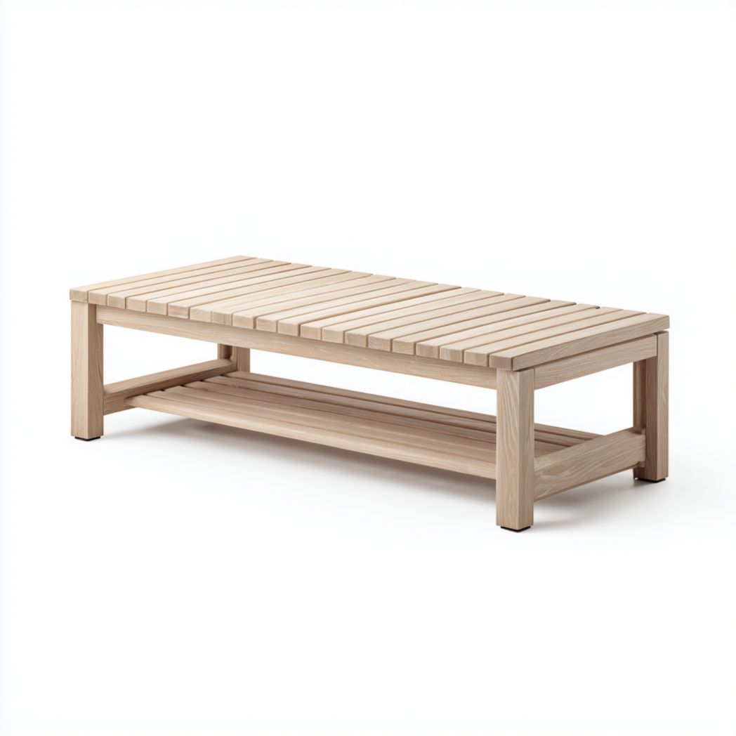 Table basse de jardin rectangulaire en bois clair à lattes avec tablette inférieure