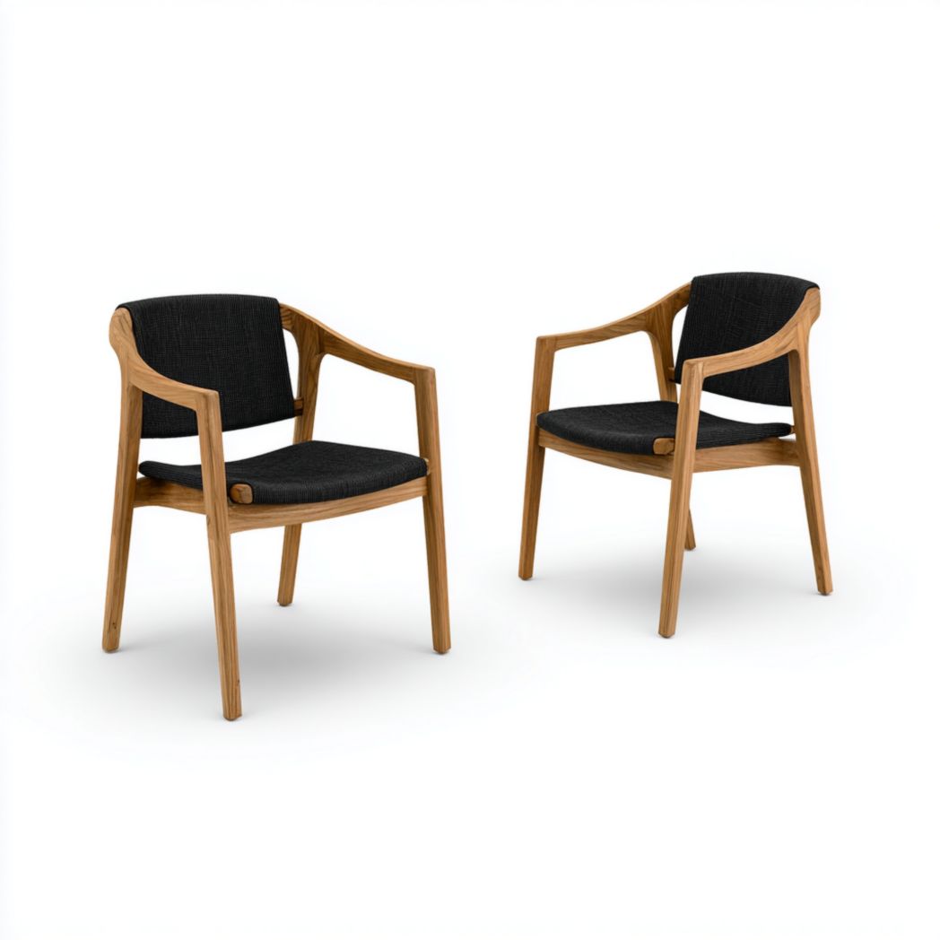 Deux chaises de jardin en bois massif avec assises et dossiers noirs