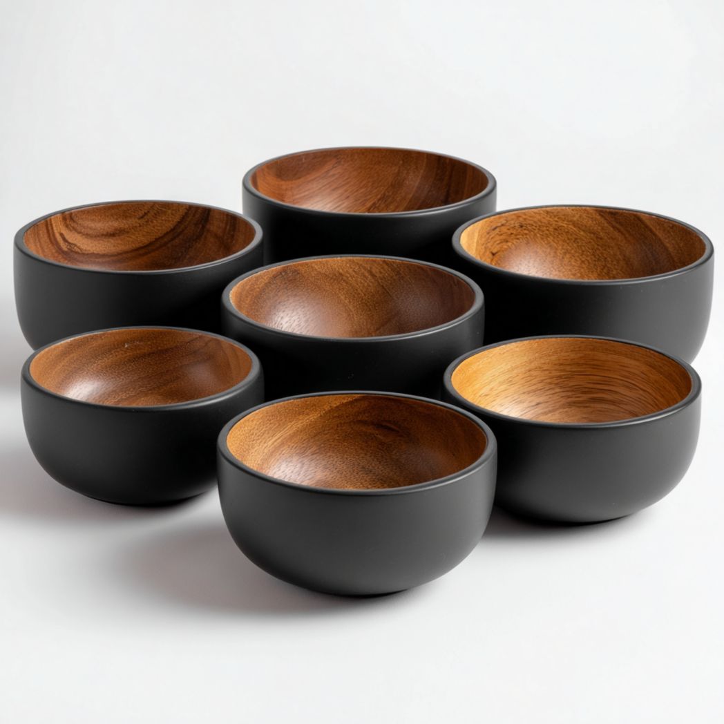 Bol à paroi extérieure noire et intérieur bois, forme ronde à paroi droite, lot de 7