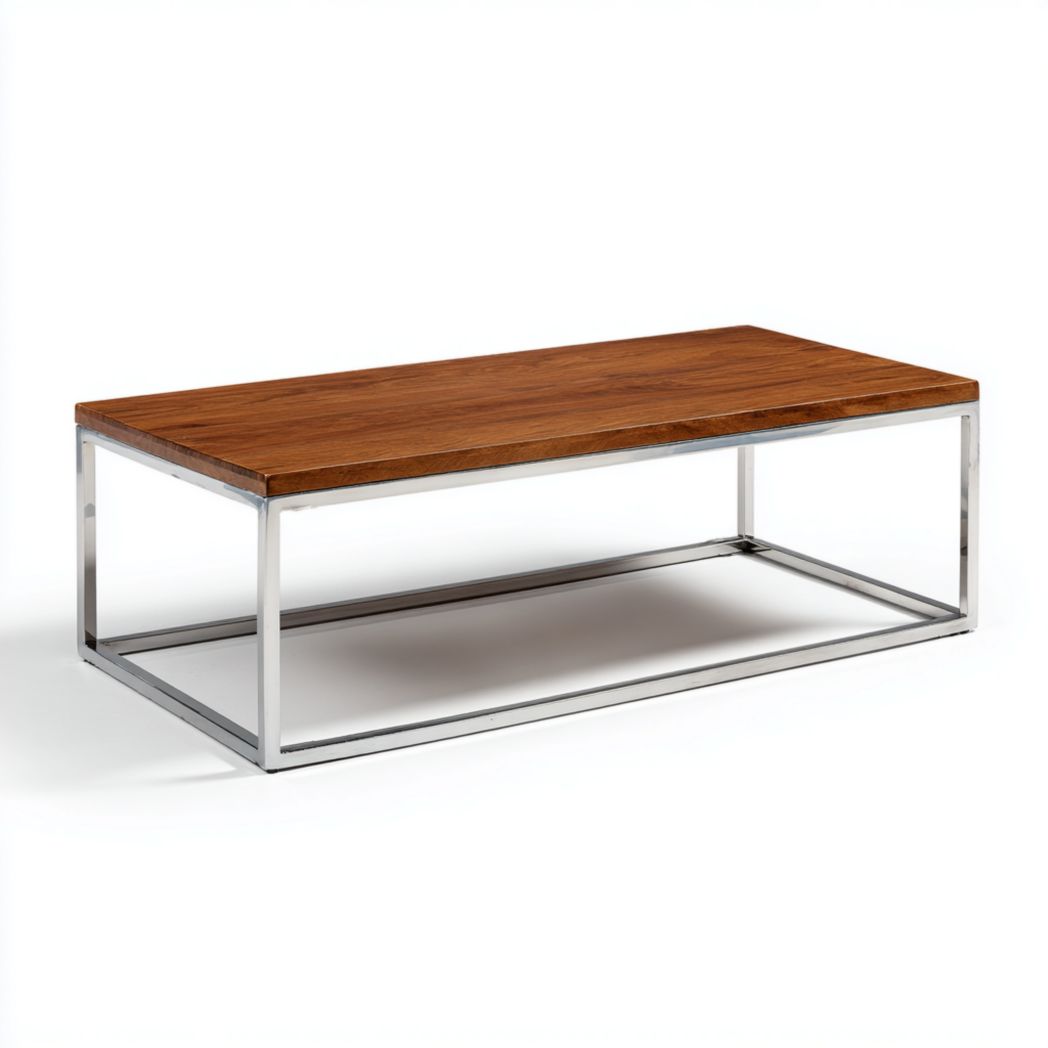 Table basse rectangulaire avec plateau en bois et cadre en acier inoxydable