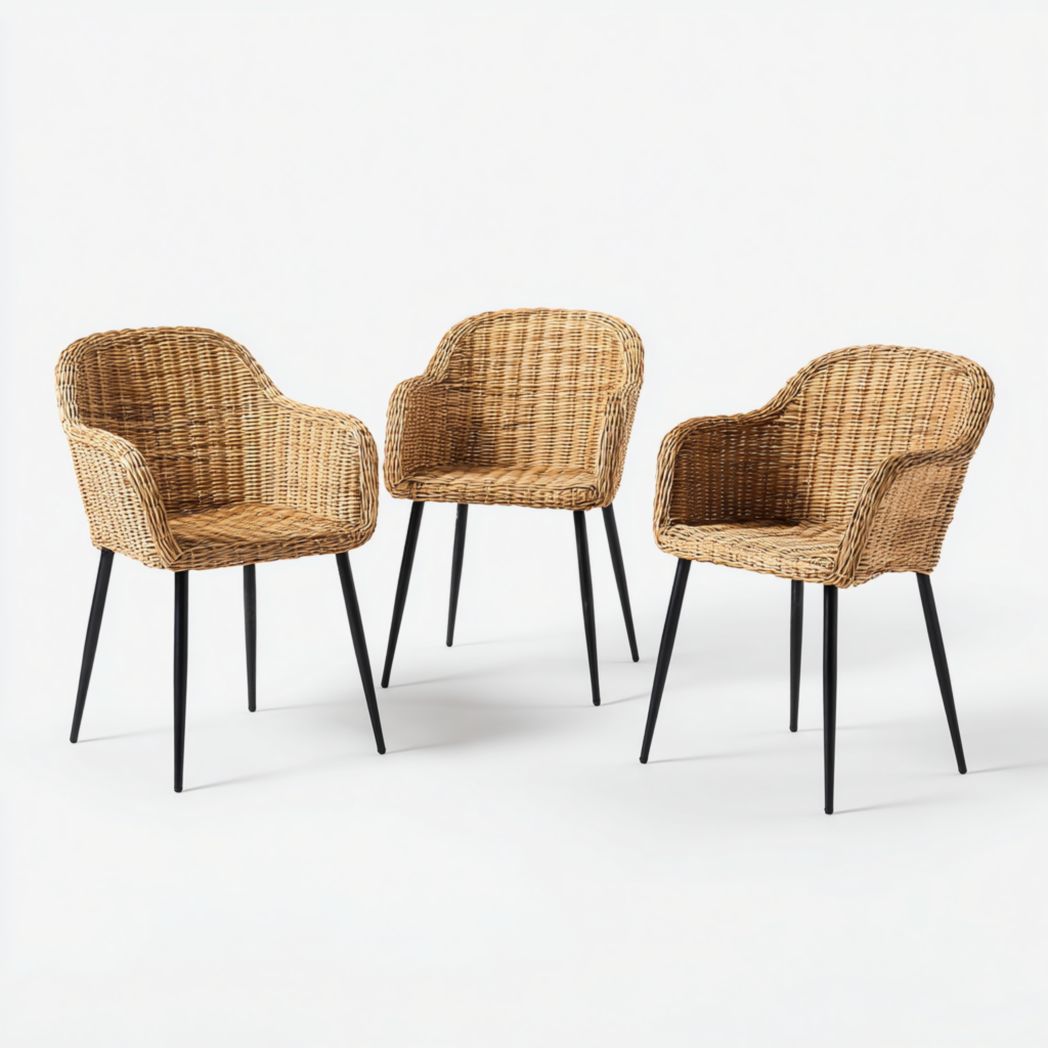 Lot de 3 chaises de jardin en rotin synthétique avec pieds en métal noir