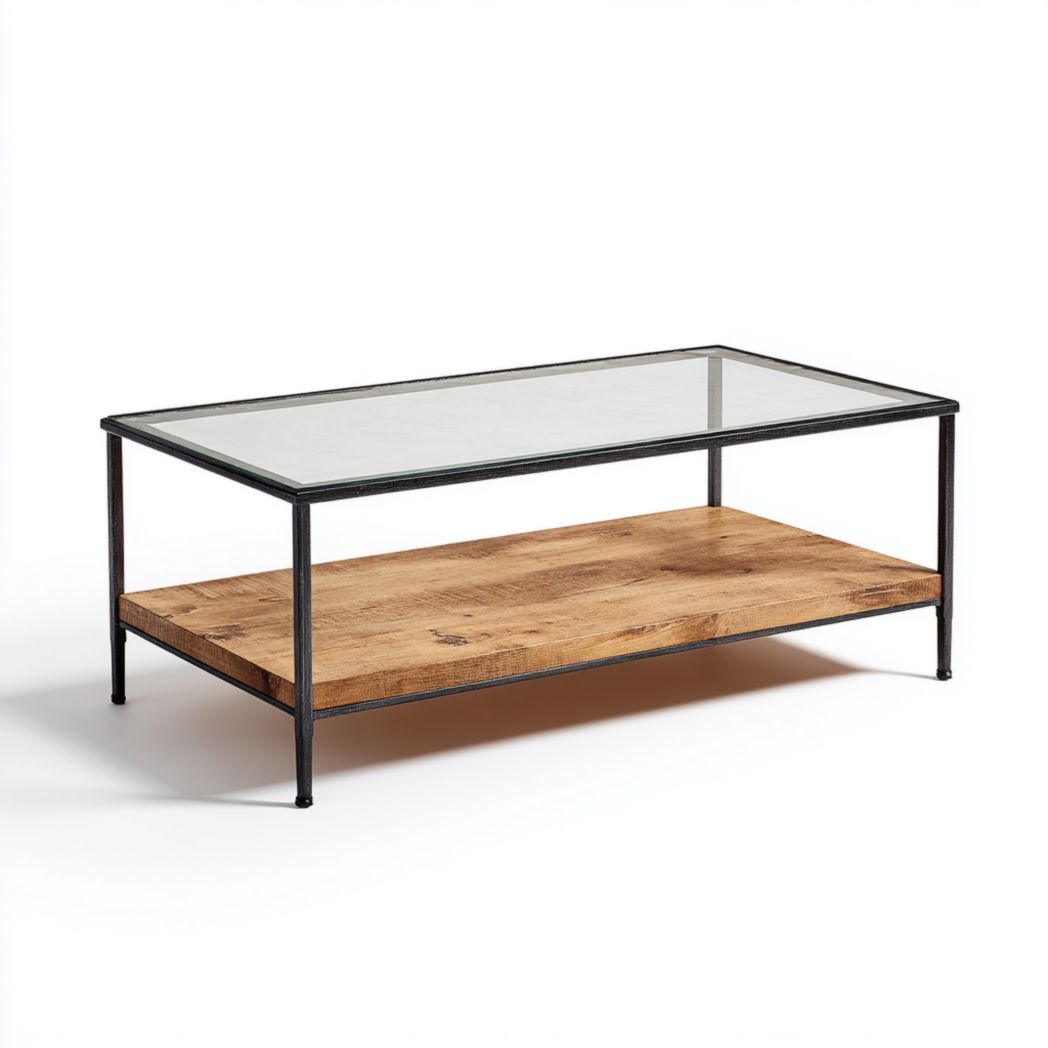 Table basse rectangulaire à deux niveaux avec plateau en verre et étagère en bois, cadre métallique noir