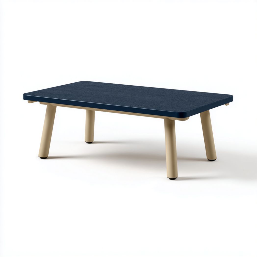 Table basse de jardin rectangulaire plateau bleu pieds cylindriques beige