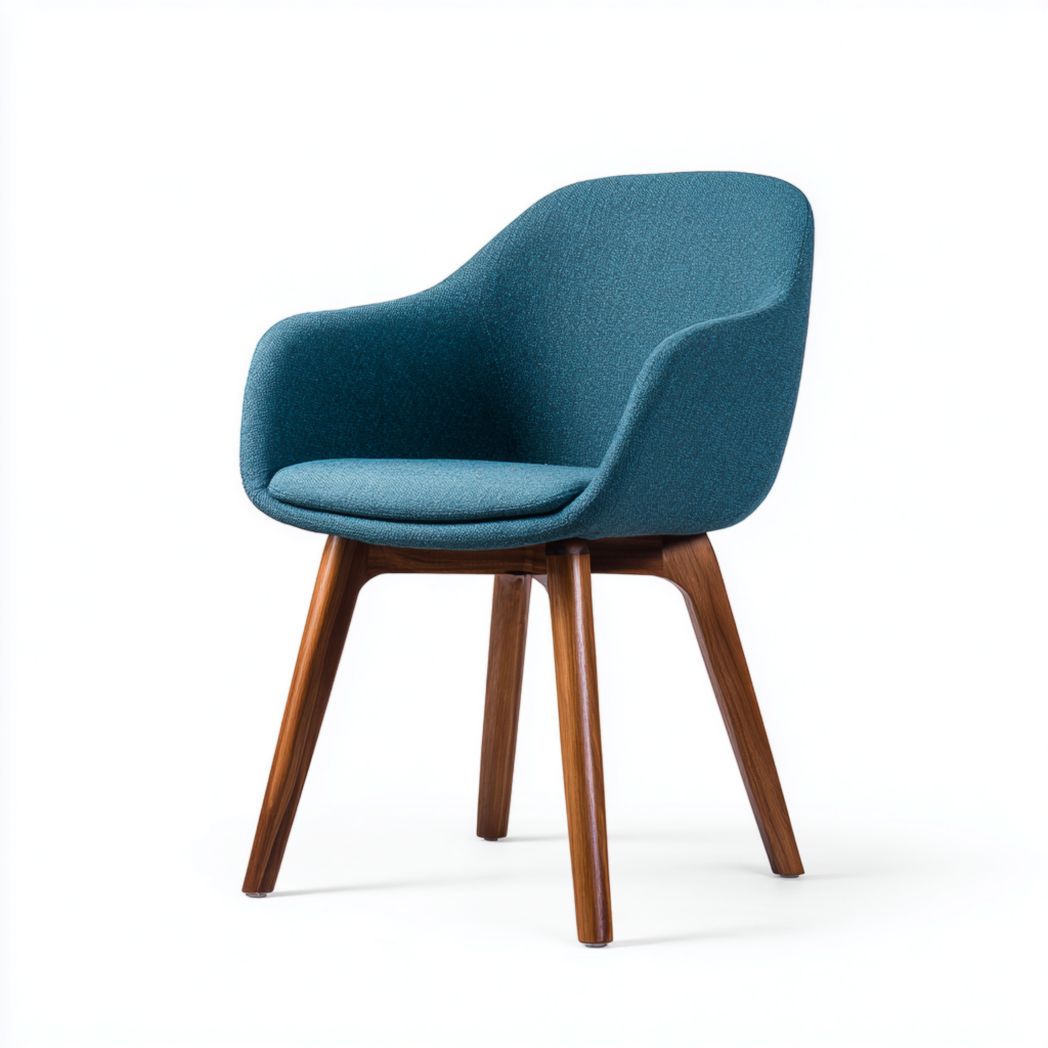 Chaise de salle à manger en tissu bleu-vert｜Dossier et accoudoirs intégrés, assise rembourrée, 4 pieds en bois noyer
