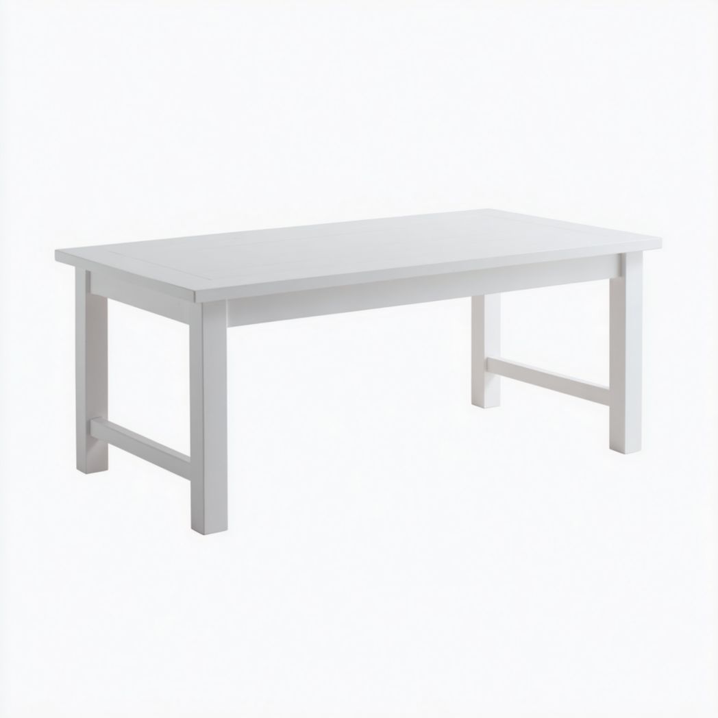 Table basse de jardin rectangulaire en bois blanc avec pieds à renfort transversal