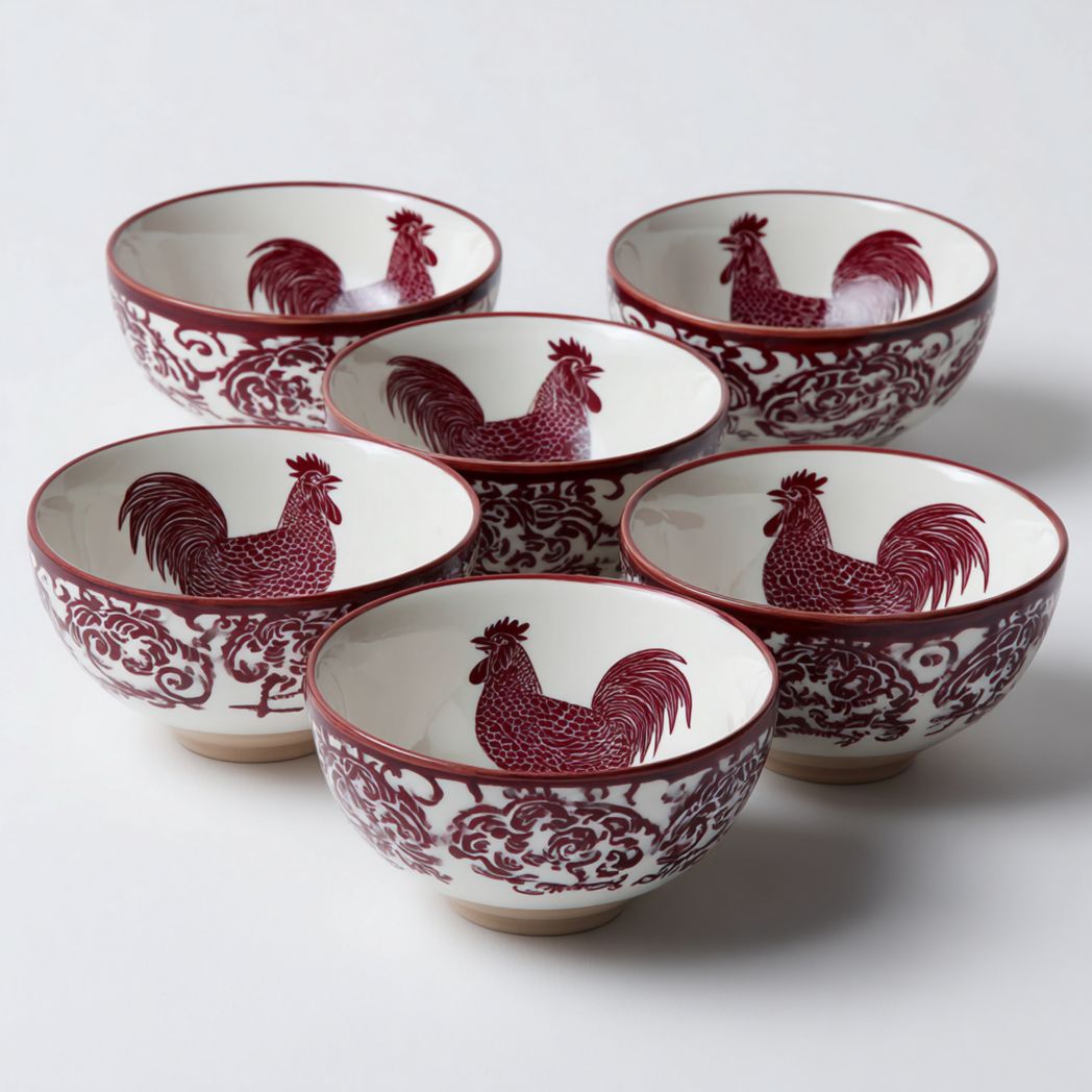 Bol en céramique décor coq rouge, forme ronde à pied bas, lot de 6