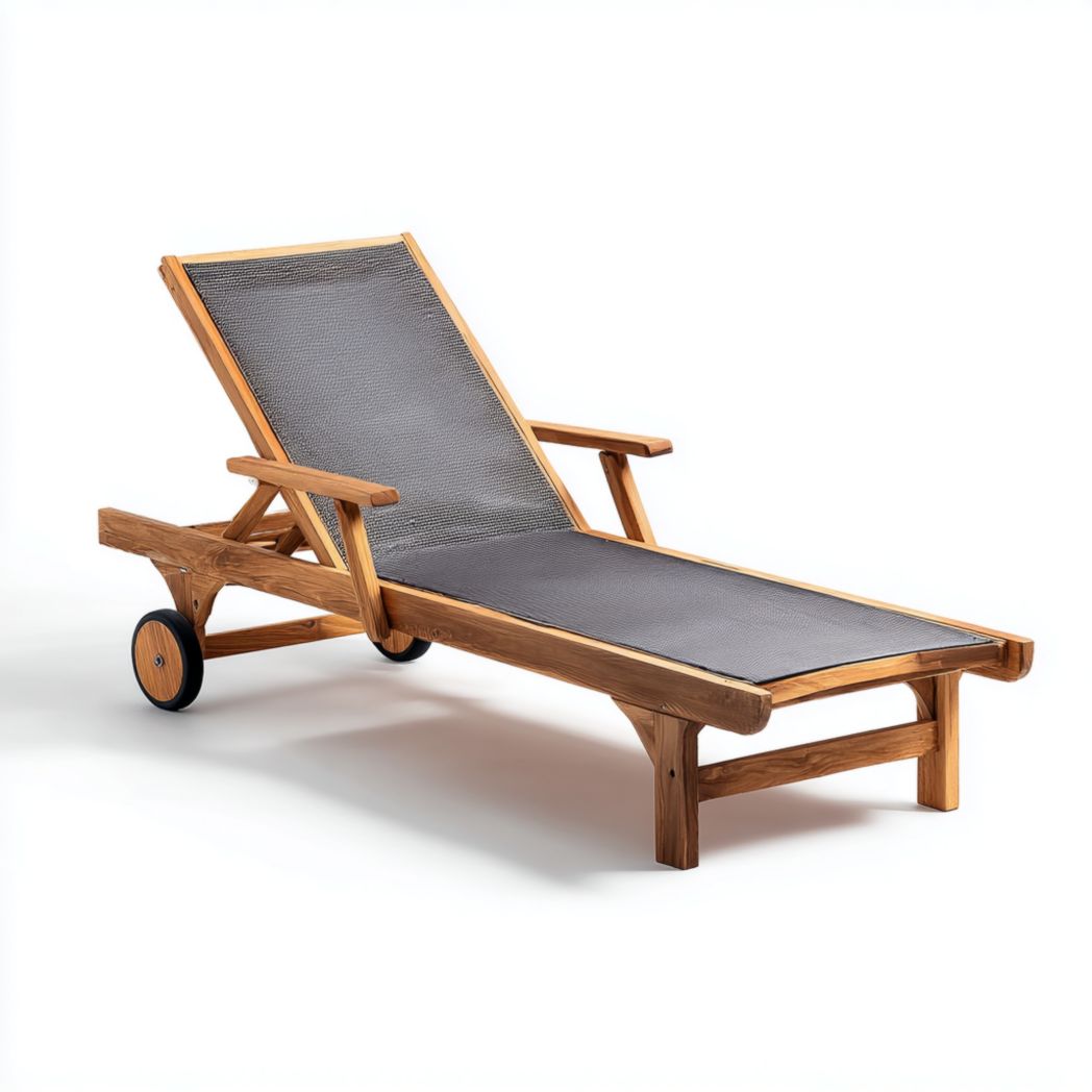 Chaise longue réglable bois toile grise roulettes