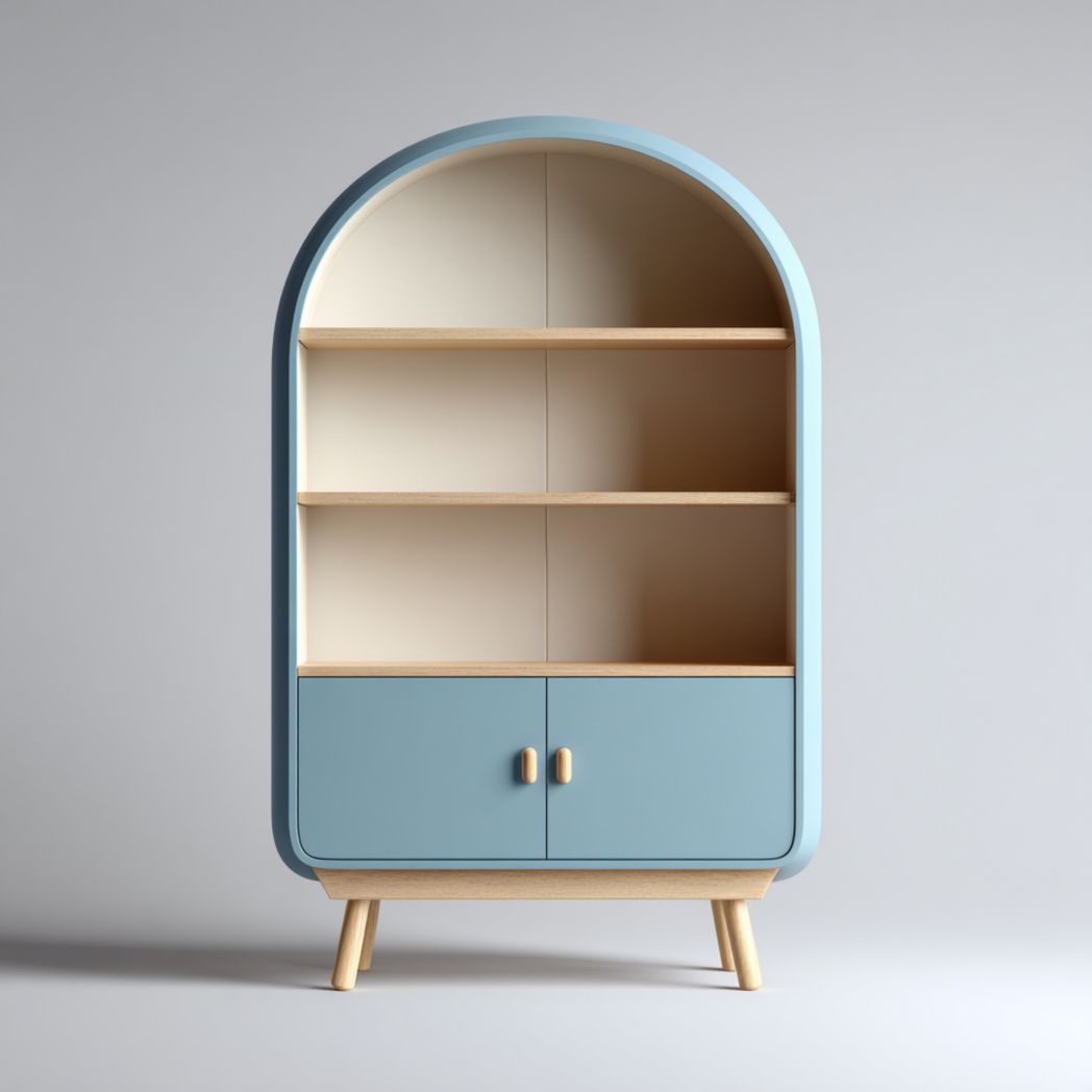 Bibliothèque en bois bleu avec sommet arqué, trois étagères ouvertes et deux portes