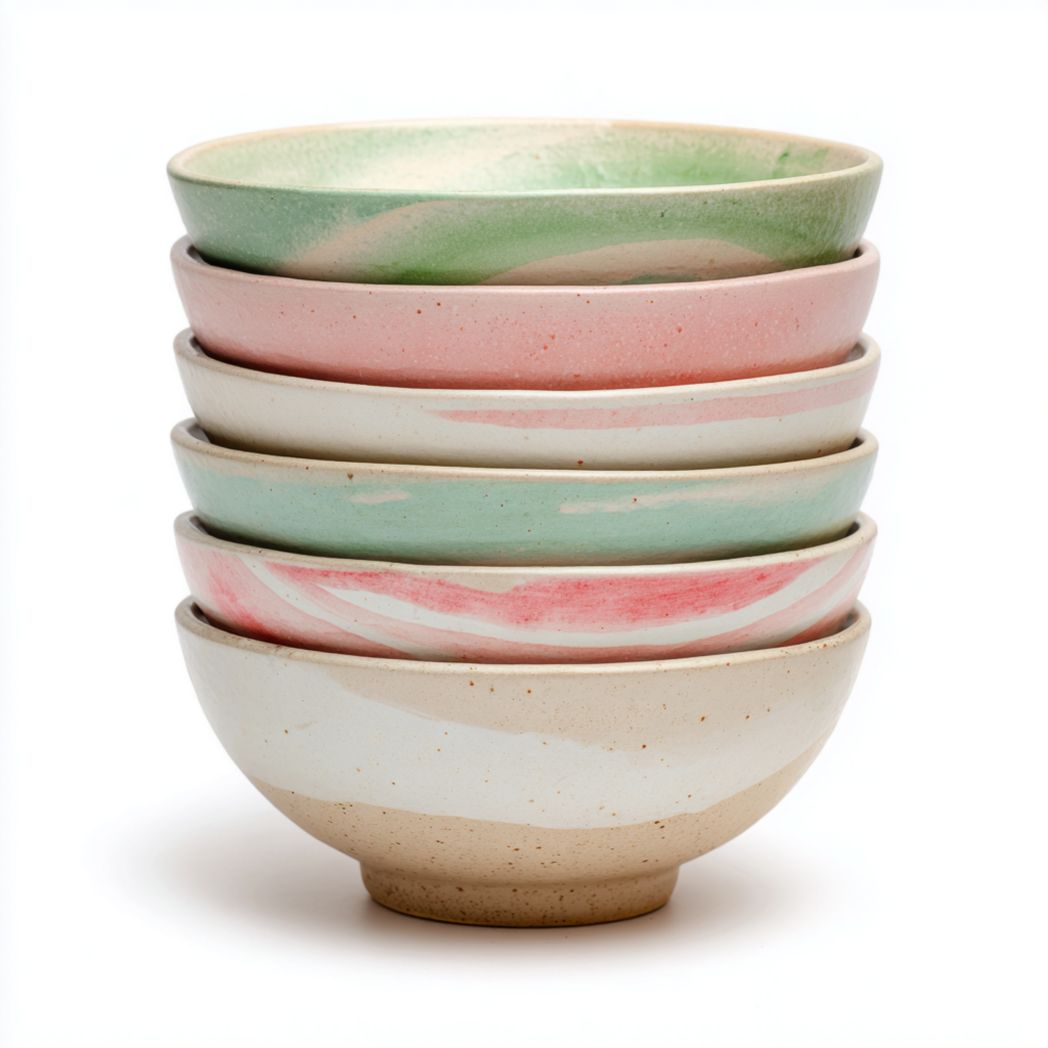 Bol en céramique à glaçure dégradée rose et verte, forme ronde à pied bas, lot de 6