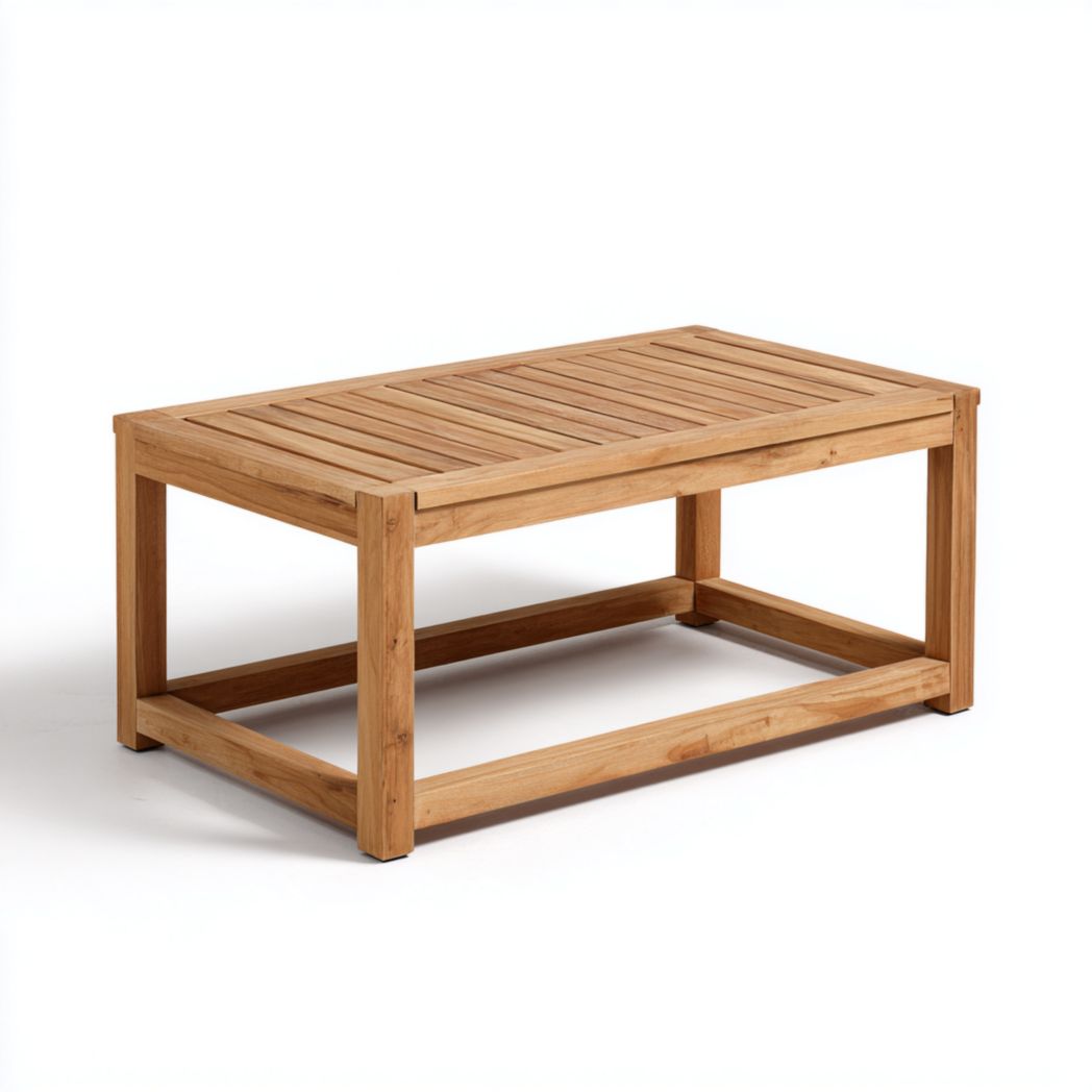 Table basse de jardin rectangulaire en bois marron clair avec lattes