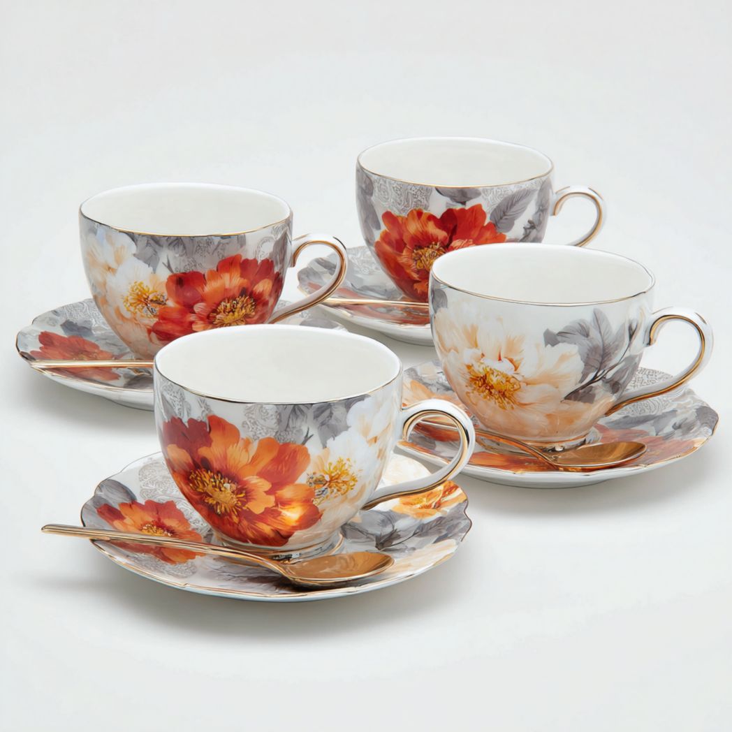 Service de 4 tasses à thé en porcelaine avec soucoupes et cuillères motif floral