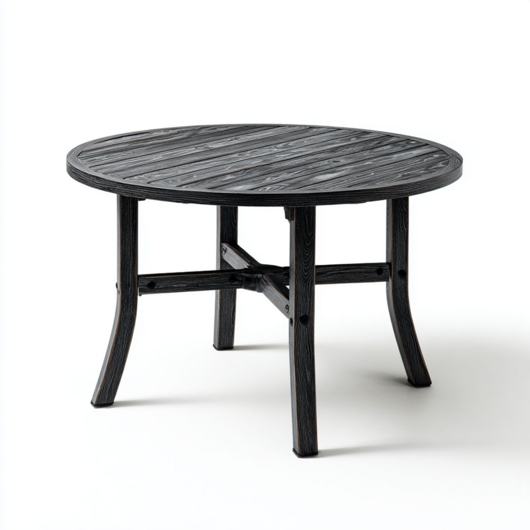 Table de jardin ronde en bois gris foncé｜Plateau à lattes et support croisé