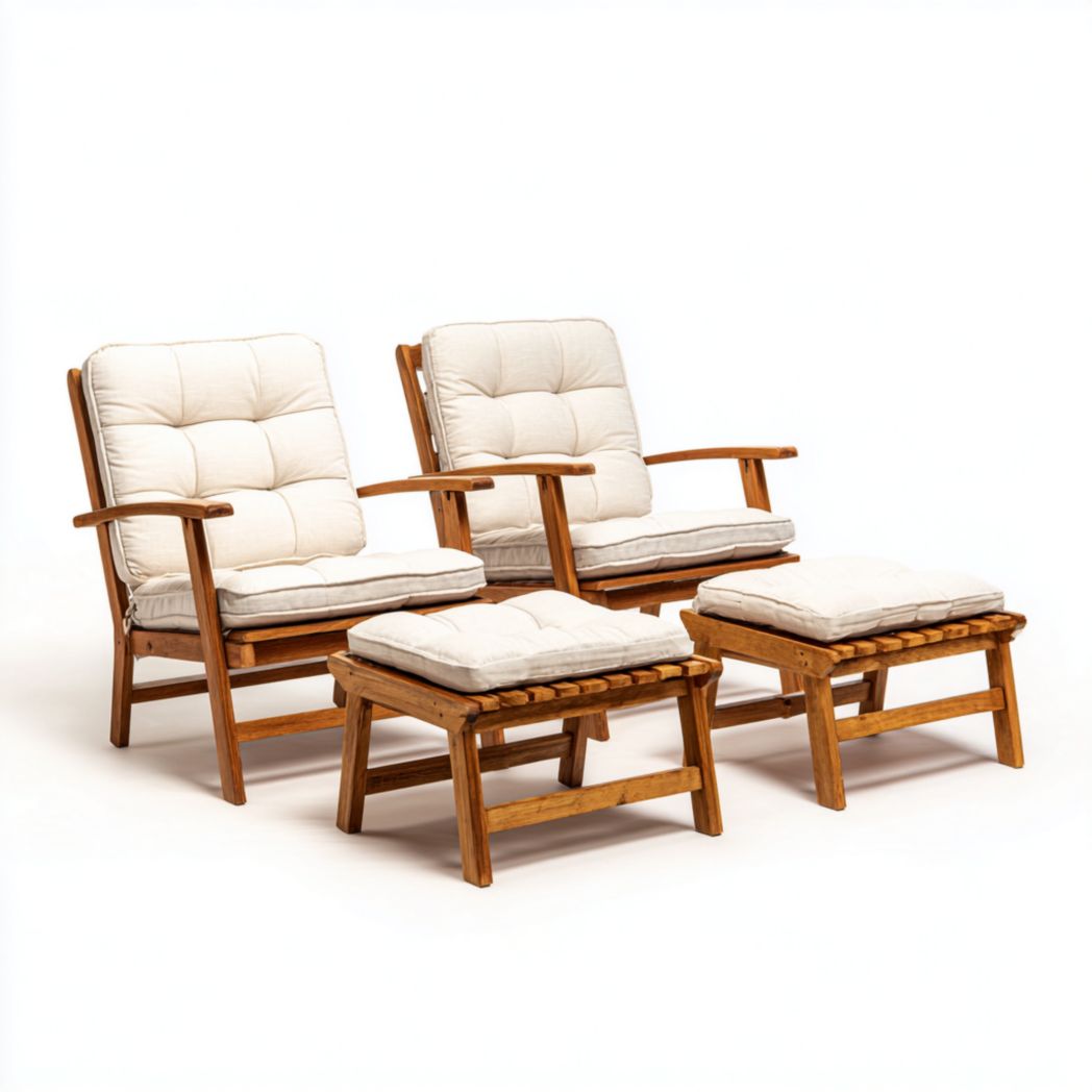 Ensemble de 4 chaises de jardin en bois avec coussins beiges (2 fauteuils et 2 repose-pieds)