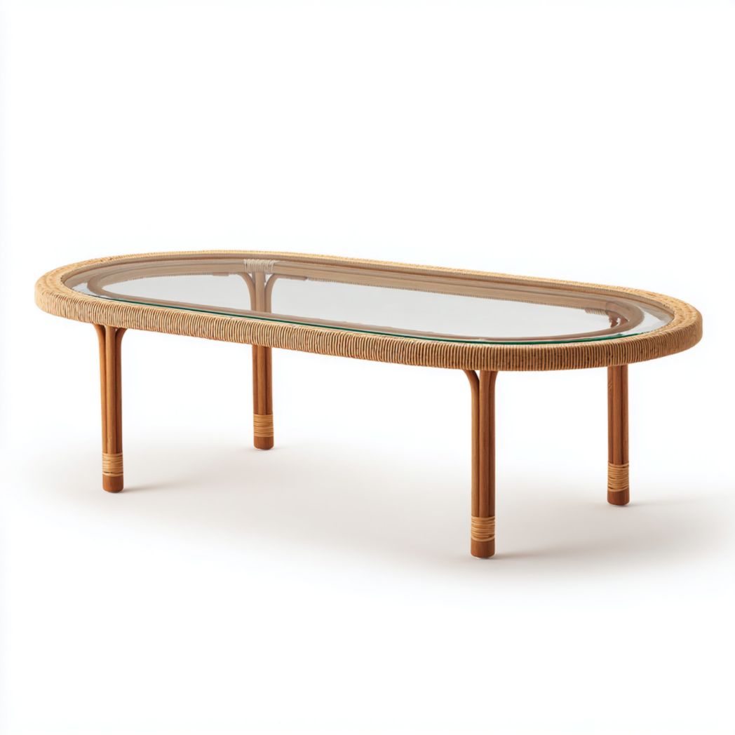 Table basse ovale en rotin avec plateau en verre transparent