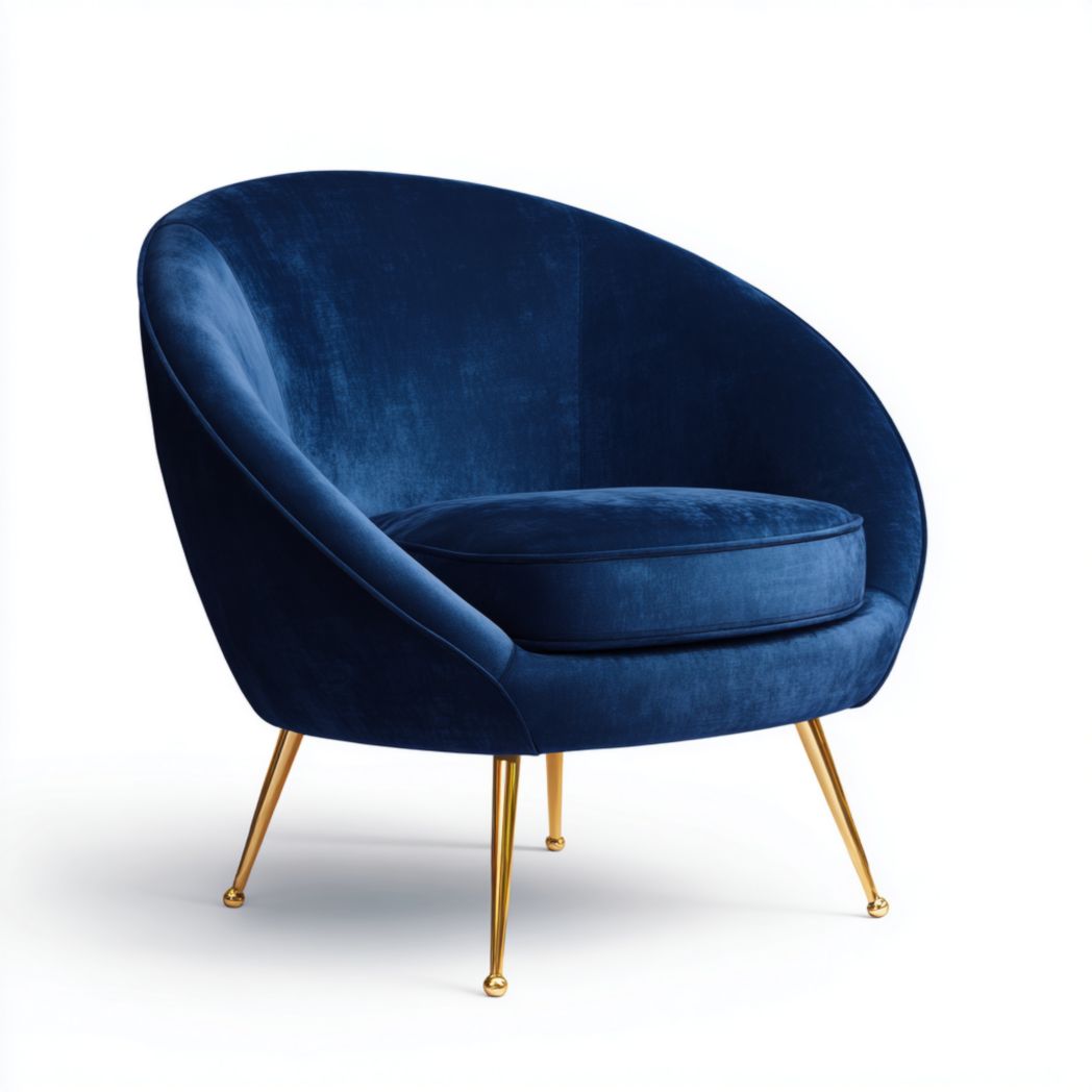 Fauteuil en velours bleu avec coussin d’assise et pieds en métal doré