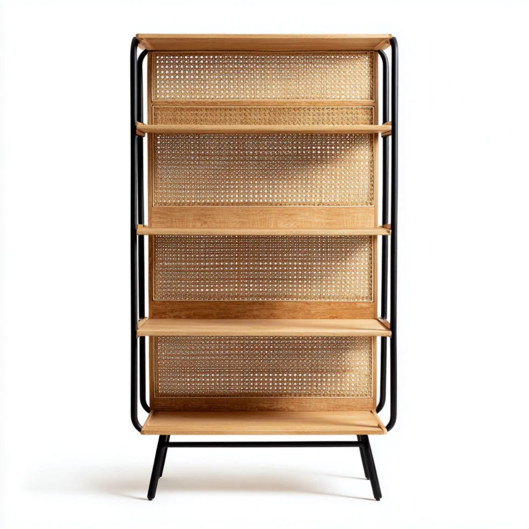 Bibliothèque à cadre en métal noir avec panneaux en rotin et quatre étagères en bois