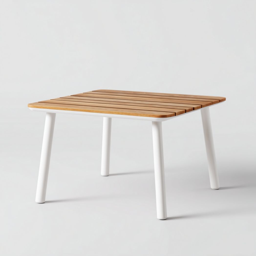 Table basse de jardin carrée avec plateau en bois et pieds métalliques blancs