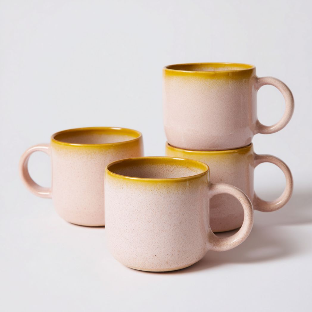 Lot de 4 mugs en céramique rose dégradé avec bord jaune et anse ronde