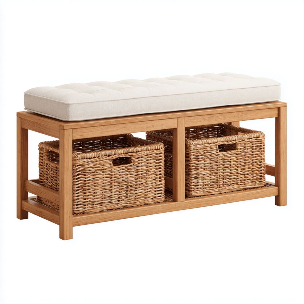 Banc rectangulaire en bois avec coussin beige｜Équipé de paniers de rangement en rotin
