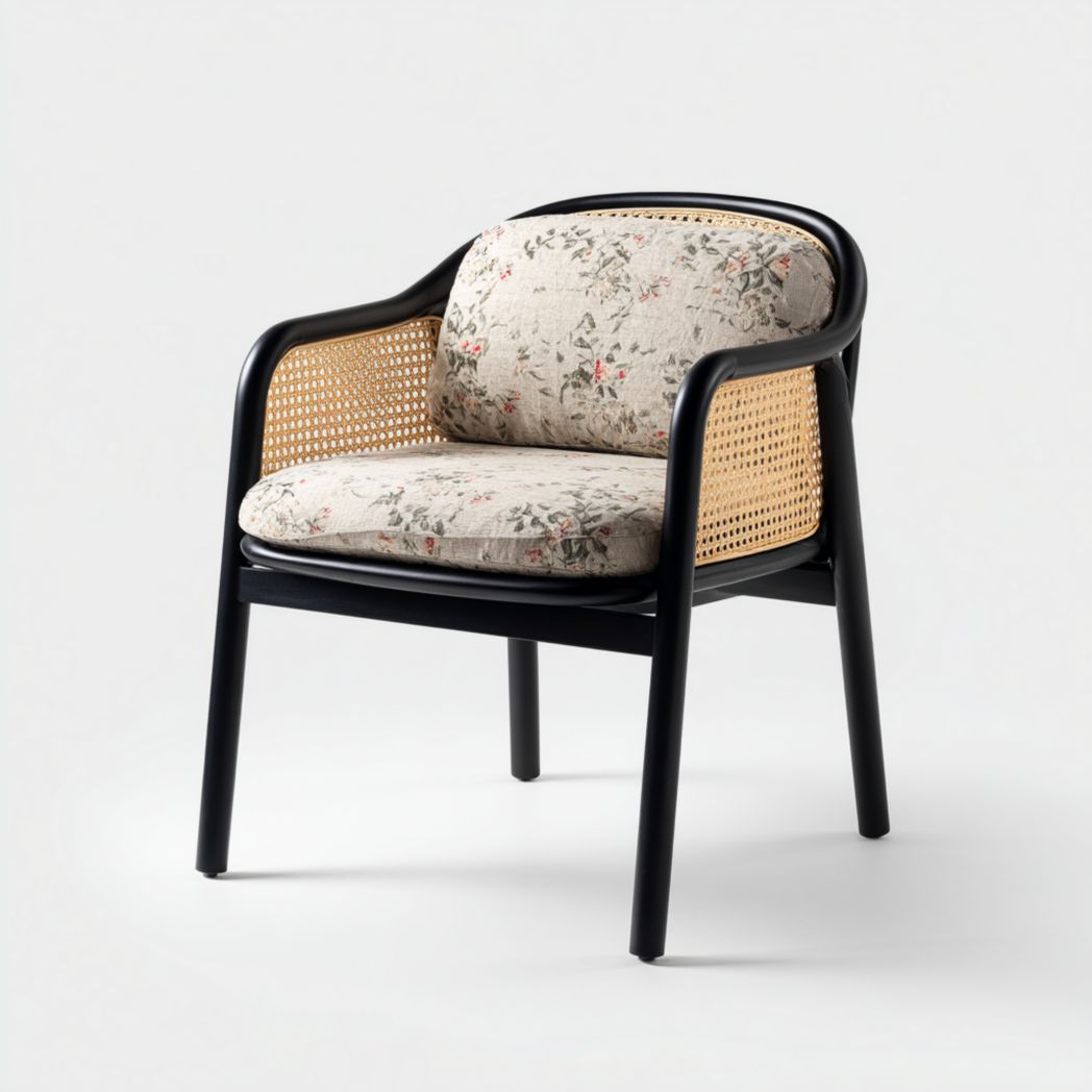 Chaise de jardin en métal noir avec dossier et accoudoirs en rotin et coussins d'assise et de dossier imprimés beiges