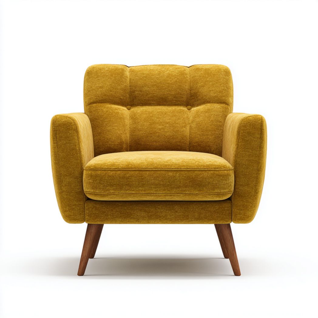 Fauteuil en tissu jaune avec dossier capitonné et coussin d’assise, pieds en bois