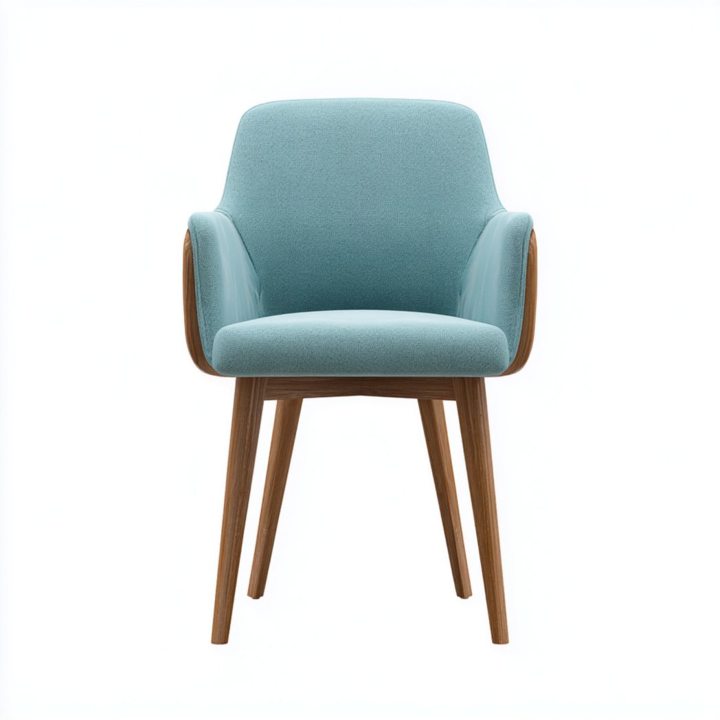 Fauteuil en tissu bleu clair avec assise intégrée et pieds en bois