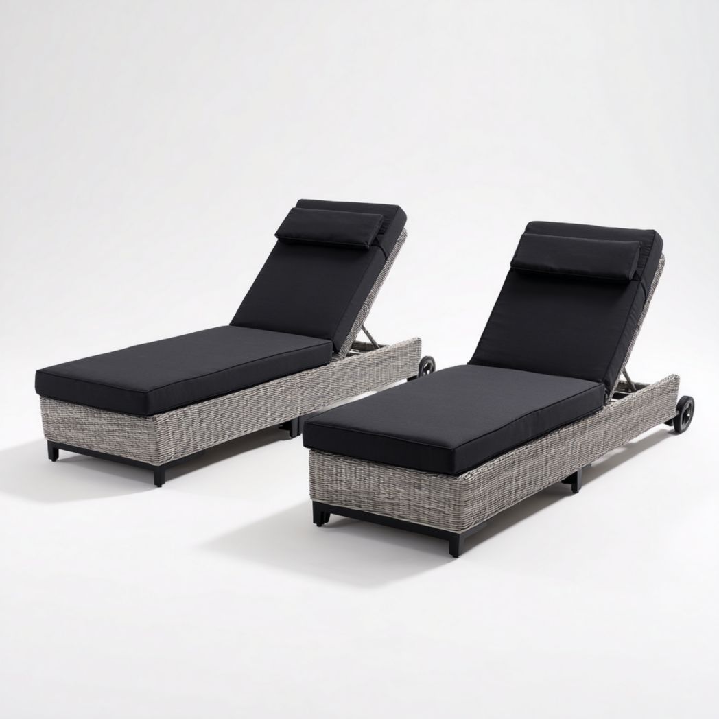Chaise longue réglable en rotin synthétique gris, deux pièces, avec coussin d'assise et oreiller noirs