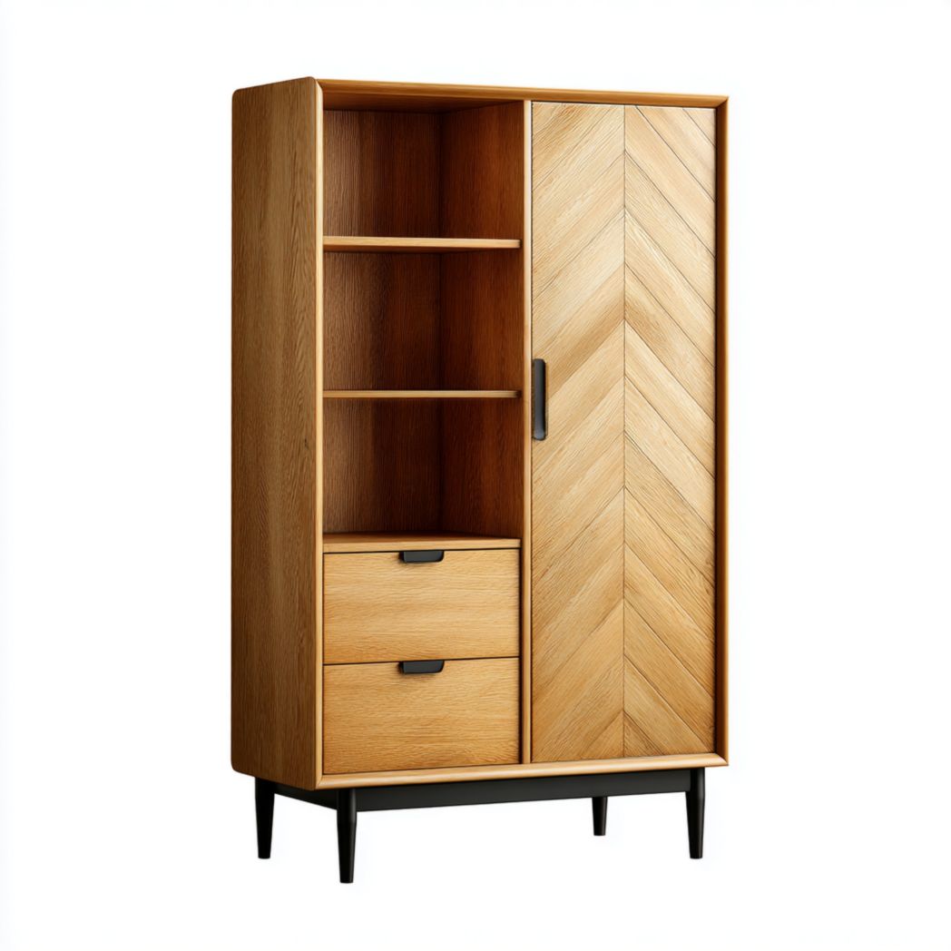 Bibliothèque en bois brunl avec niches ouvertes, tiroirs et porte à motif chevron