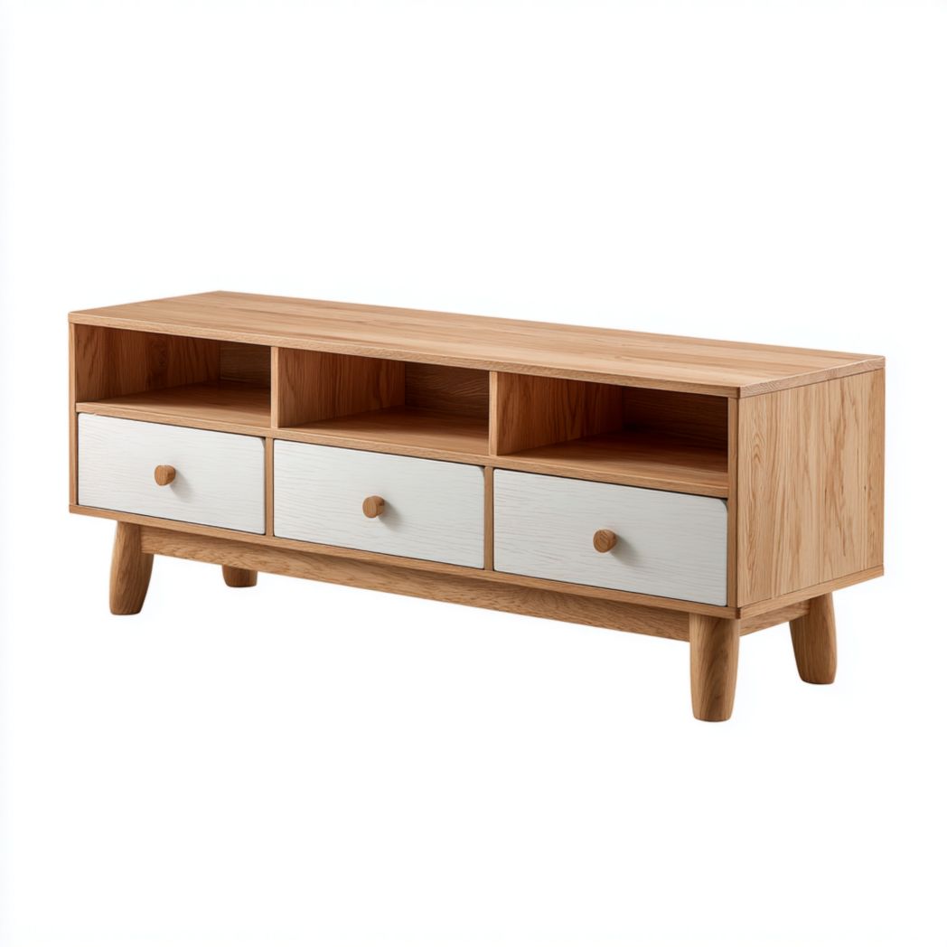 Meuble TV en bois marron clair avec trois tiroirs blancs et compartiments ouverts