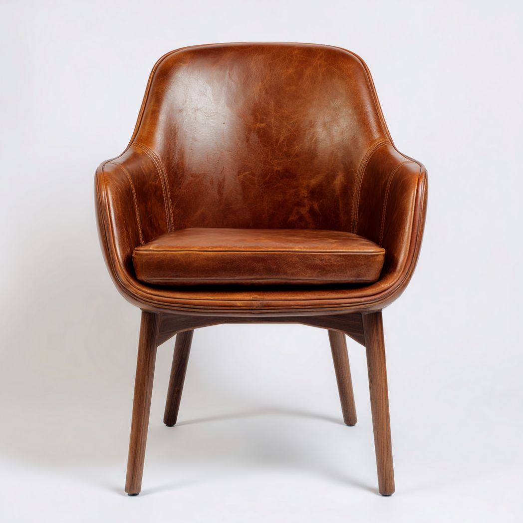 Fauteuil en cuir marron avec pieds en bois et coussin d’assise séparé
