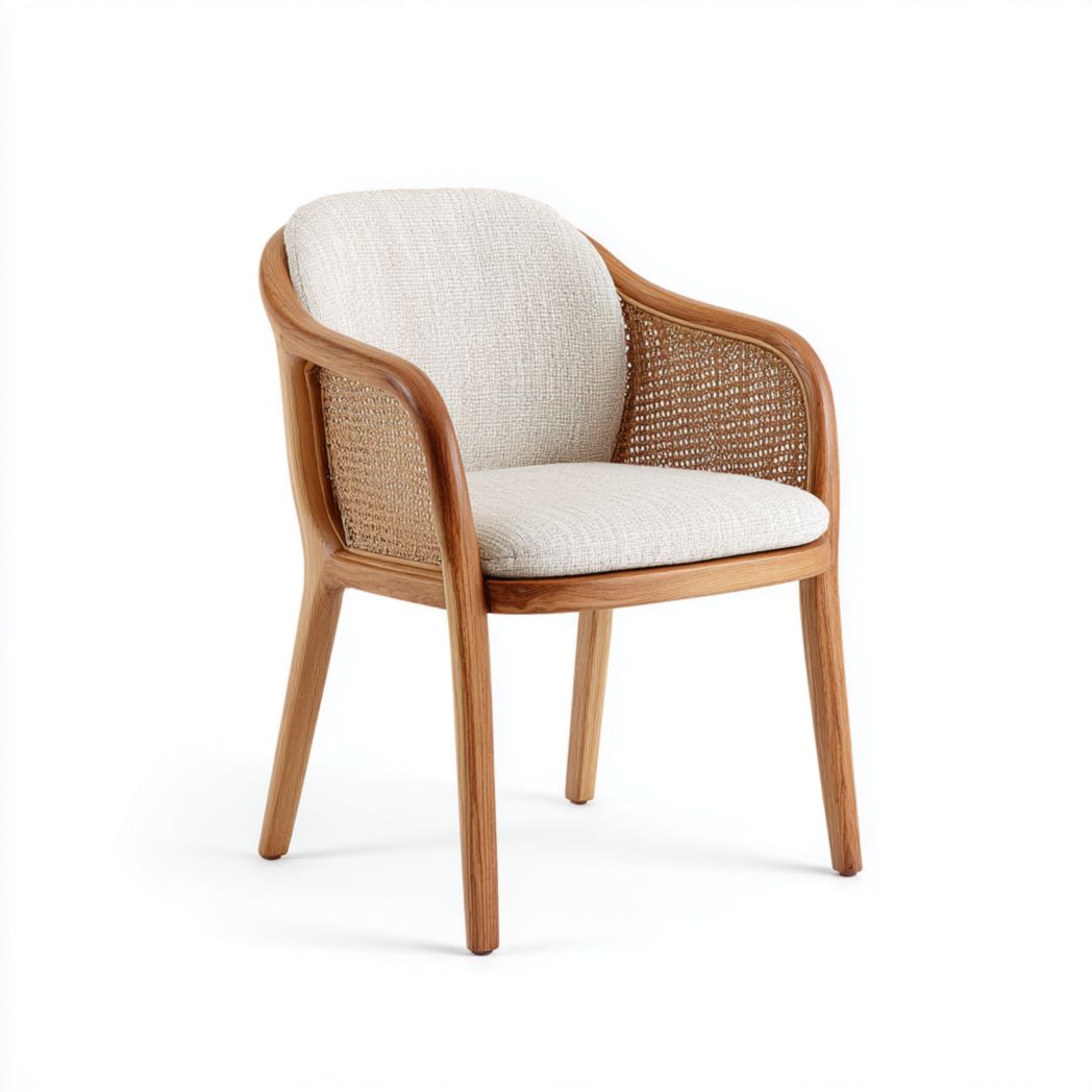 Chaise de jardin en bois avec dossier en rotin et assise et dossier en tissu beige