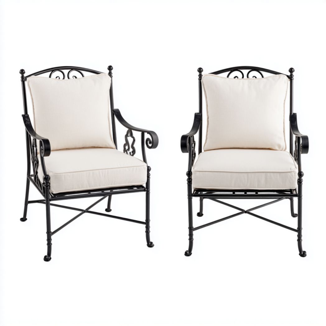 Chaise de jardin en métal noir avec coussins d'assise et de dossier beiges - Lot de 2