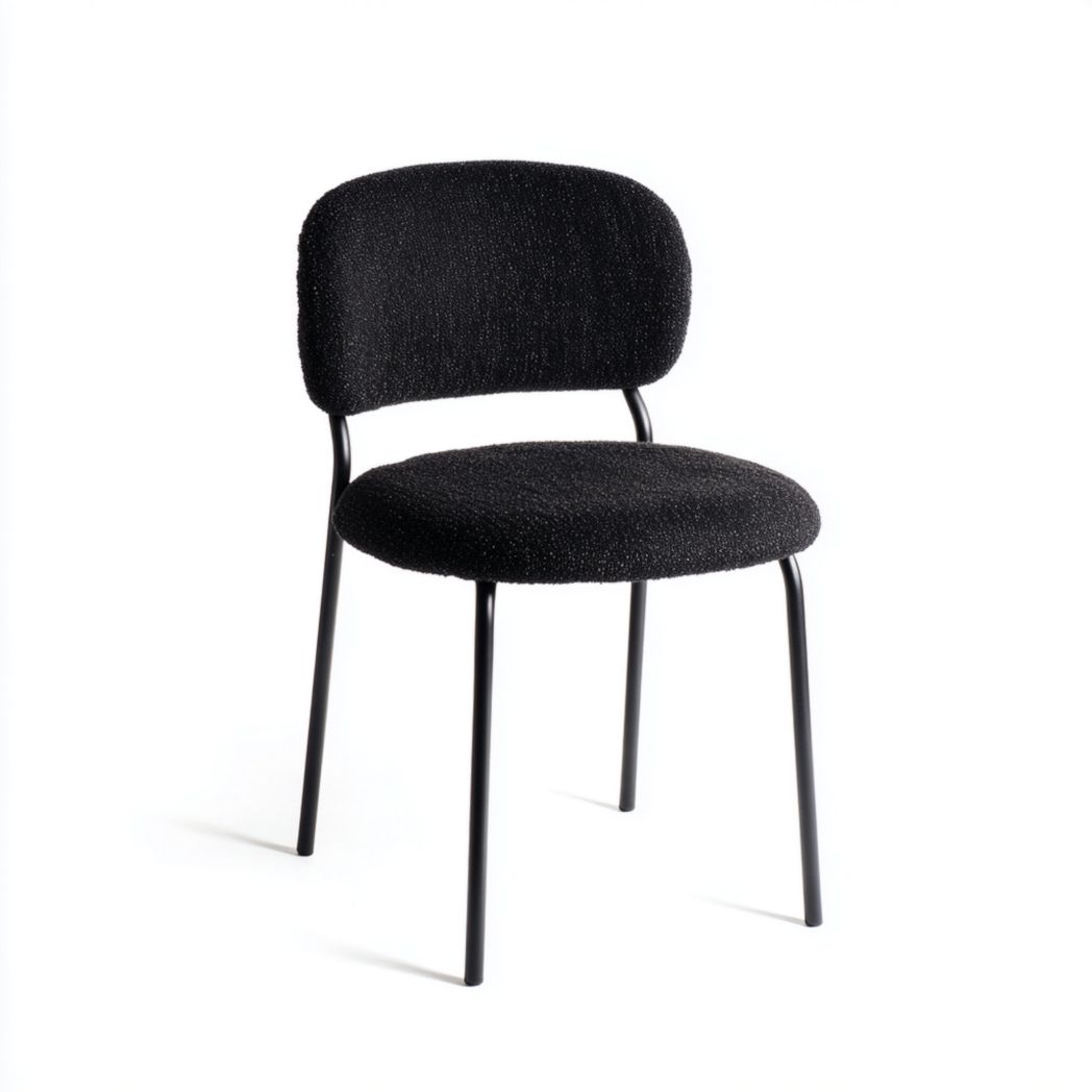 Chaise de salle à manger en tissu noir｜Dossier rectangulaire arrondi, assise ronde rembourrée, 4 pieds métalliques noirs