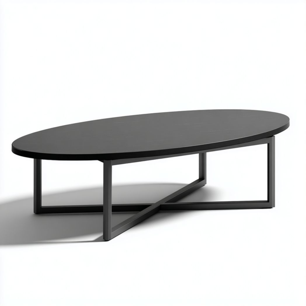Table basse de jardin ovale plateau bois noir avec base métallique