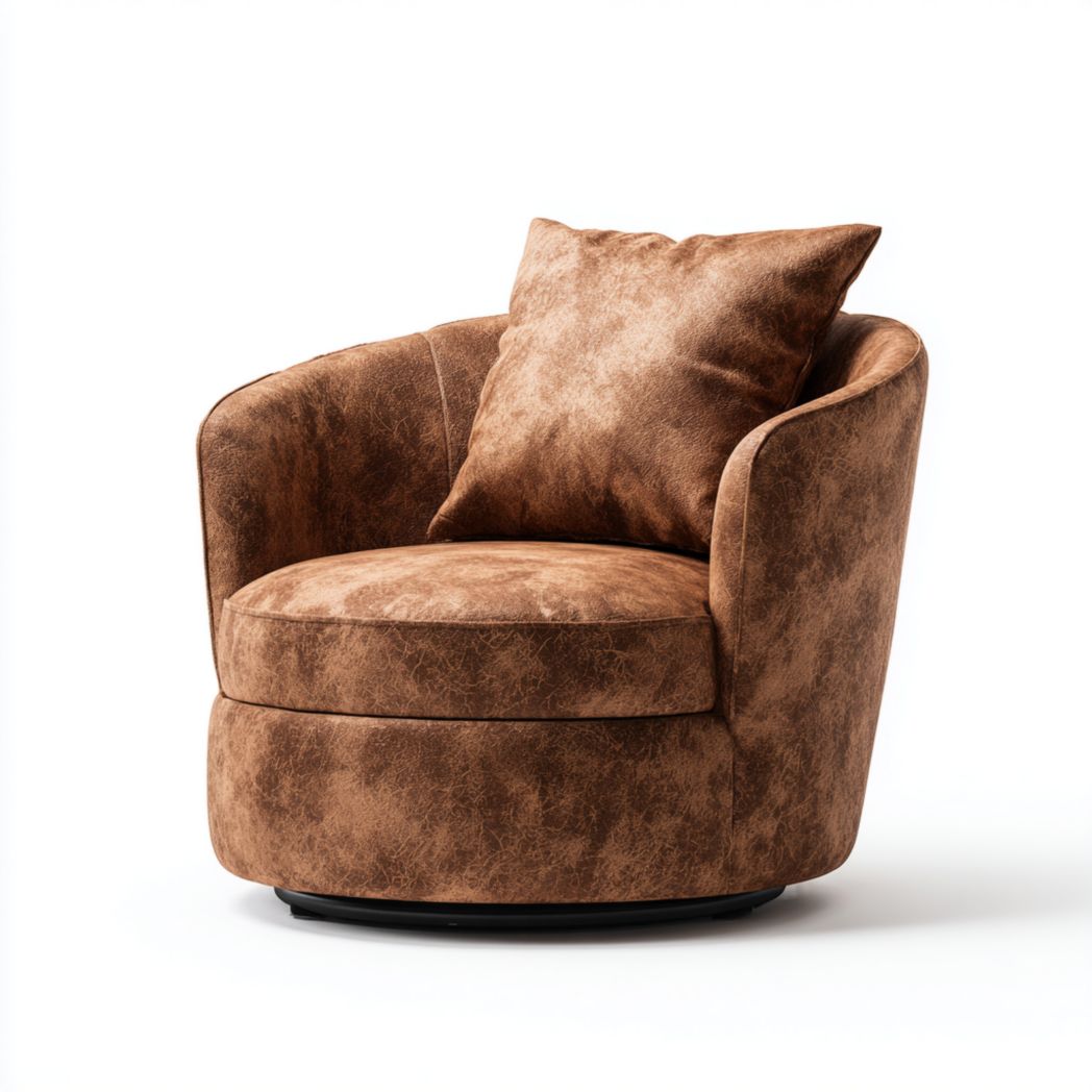 Fauteuil rond en similicuir marron avec coussins