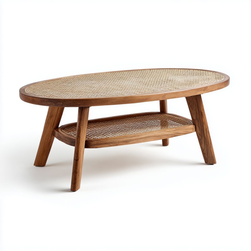 Table basse de jardin ovale en bois et rotin à deux niveaux