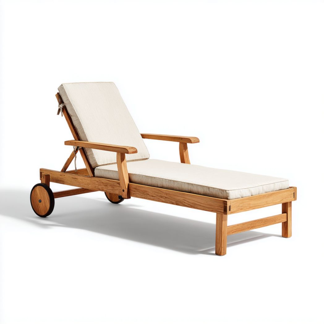Chaise longue réglable en bois massif avec coussins beiges, design rectangulaire, accoudoirs et roulettes