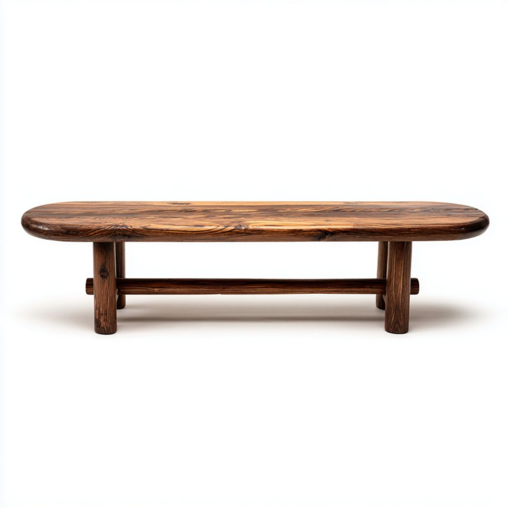 Banc en bois massif brun foncé｜Assise ovale, pieds cylindriques, barre transversale