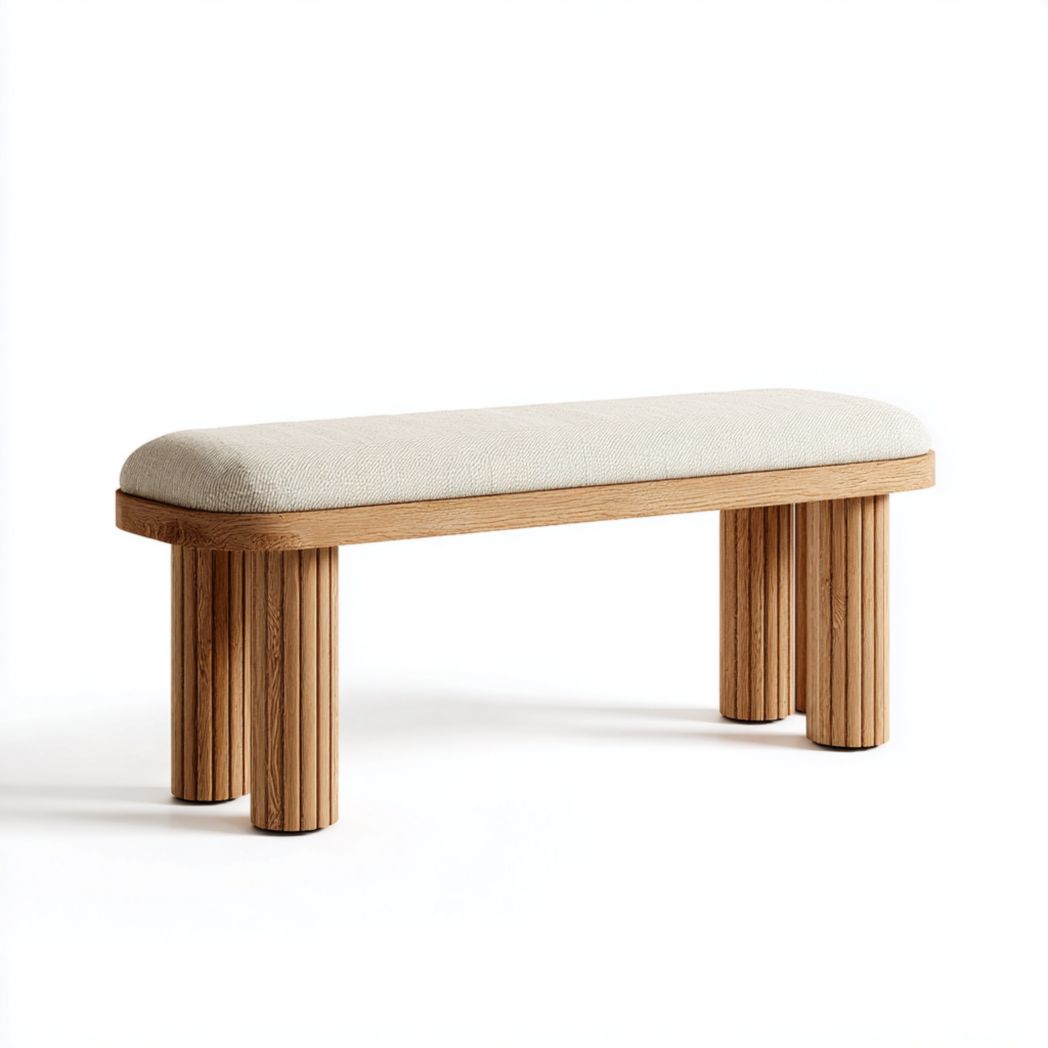 Banc rectangulaire à coins arrondis en tissu beige avec pieds cylindriques en bois