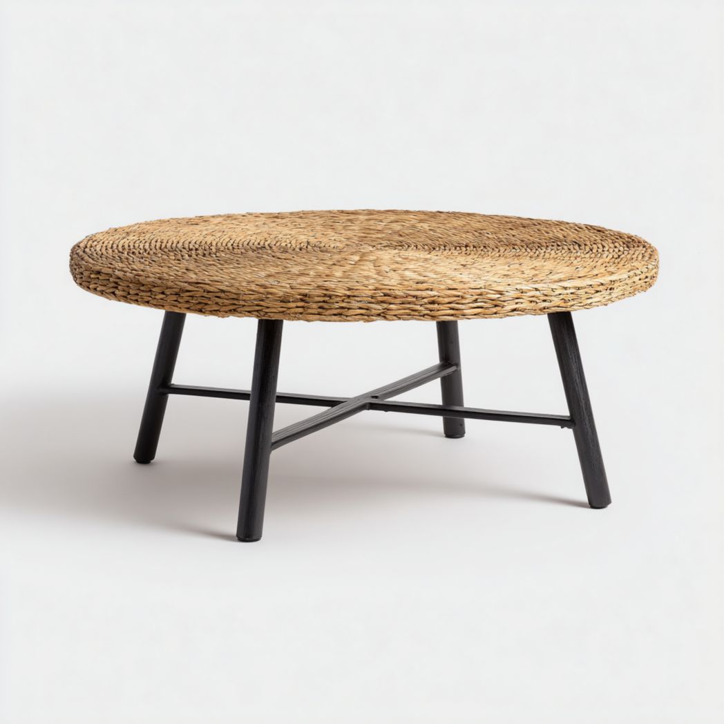 Table basse de jardin ronde en rotin avec pieds en métal noir