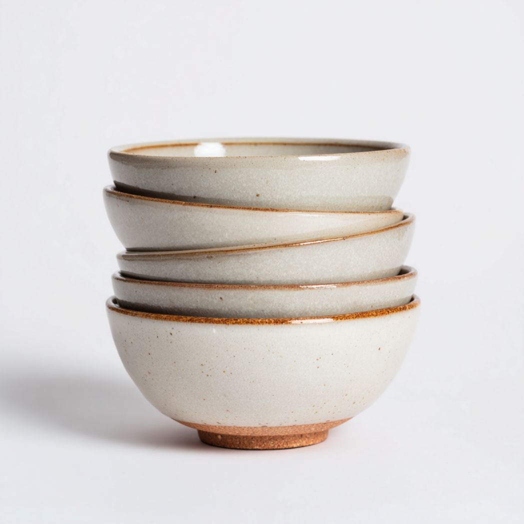 Bol en céramique émaillé blanc cassé avec bord brun, forme ronde à pied bas, lot de 5