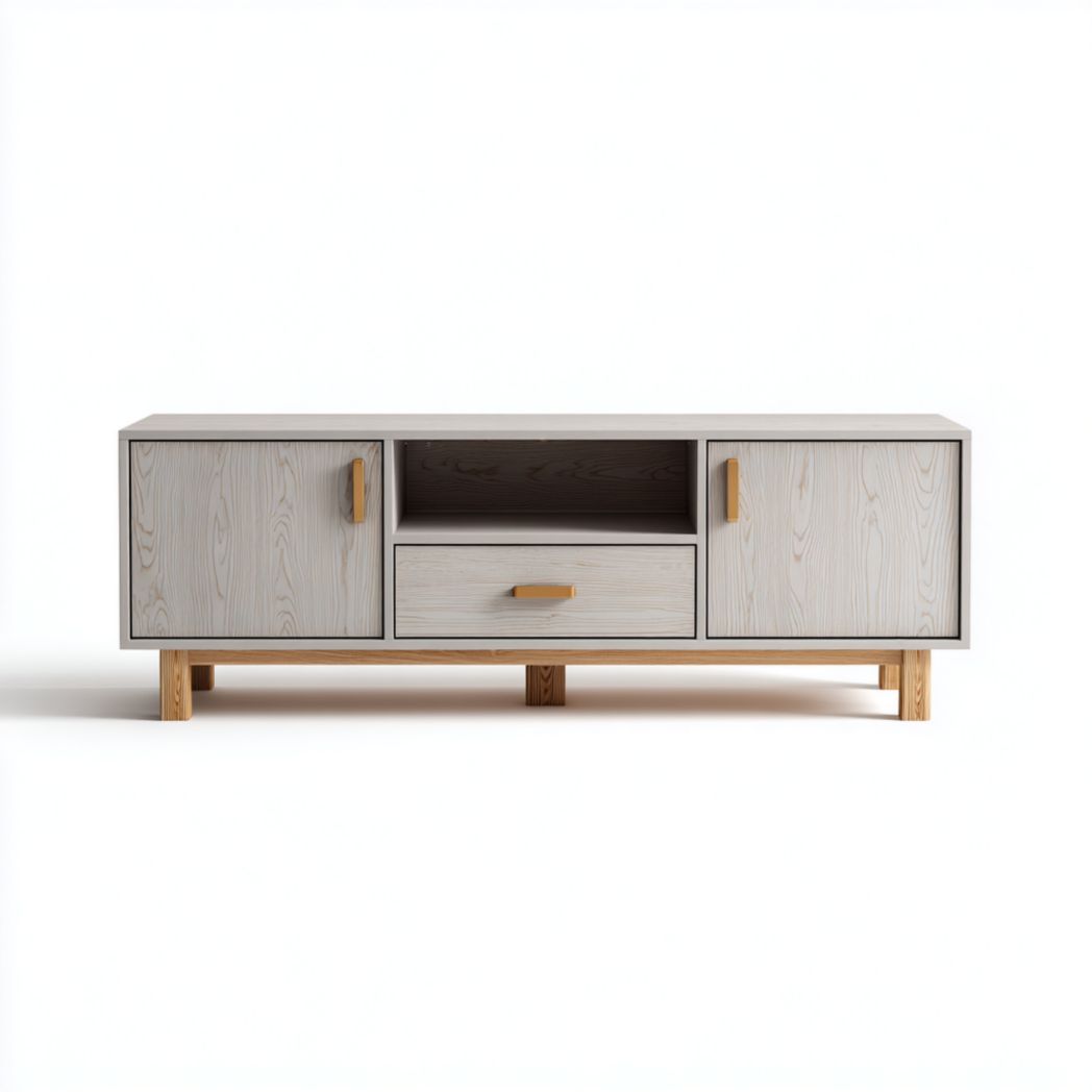 Meuble TV à finition bois gris blanc avec deux portes, un tiroir et compartiment ouvert