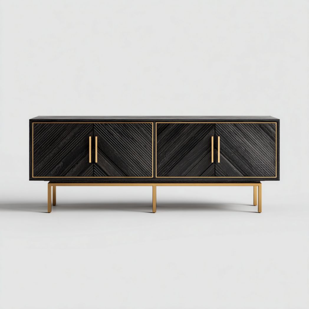 Meuble TV noir avec quatre portes en bois et pieds en métal doré