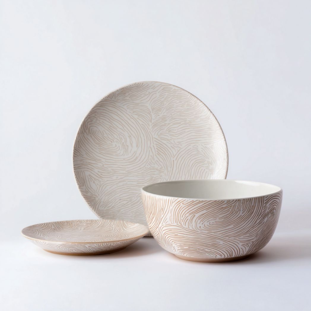 Service de table 3 pièces en céramique blanc cassé (bol et assiettes rondes à motif ligné)