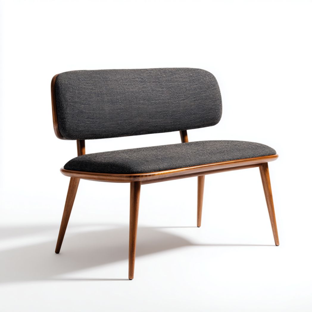 Banc en bois avec dossier en tissu noir｜Assise rectangulaire, dossier ovale, quatre pieds