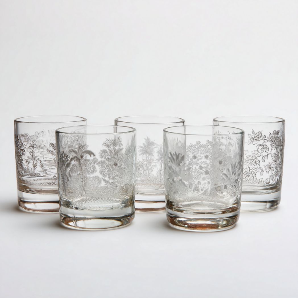 Verres en cristal transparent décor gravé, forme cylindrique, lot de 5