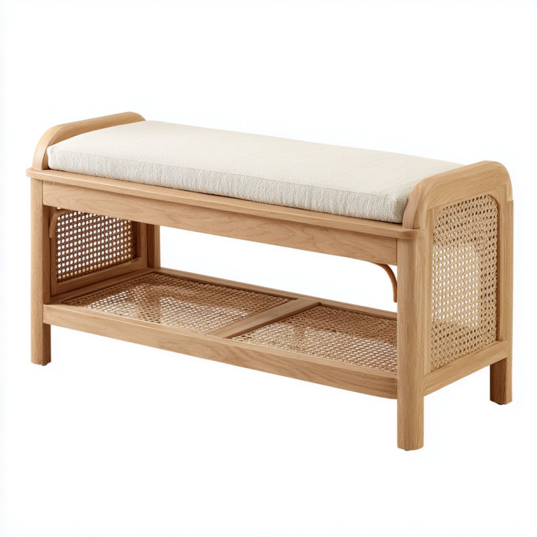 Banc en rotin avec assise rectangulaire | structure en bois marron clair et coussin en tissu