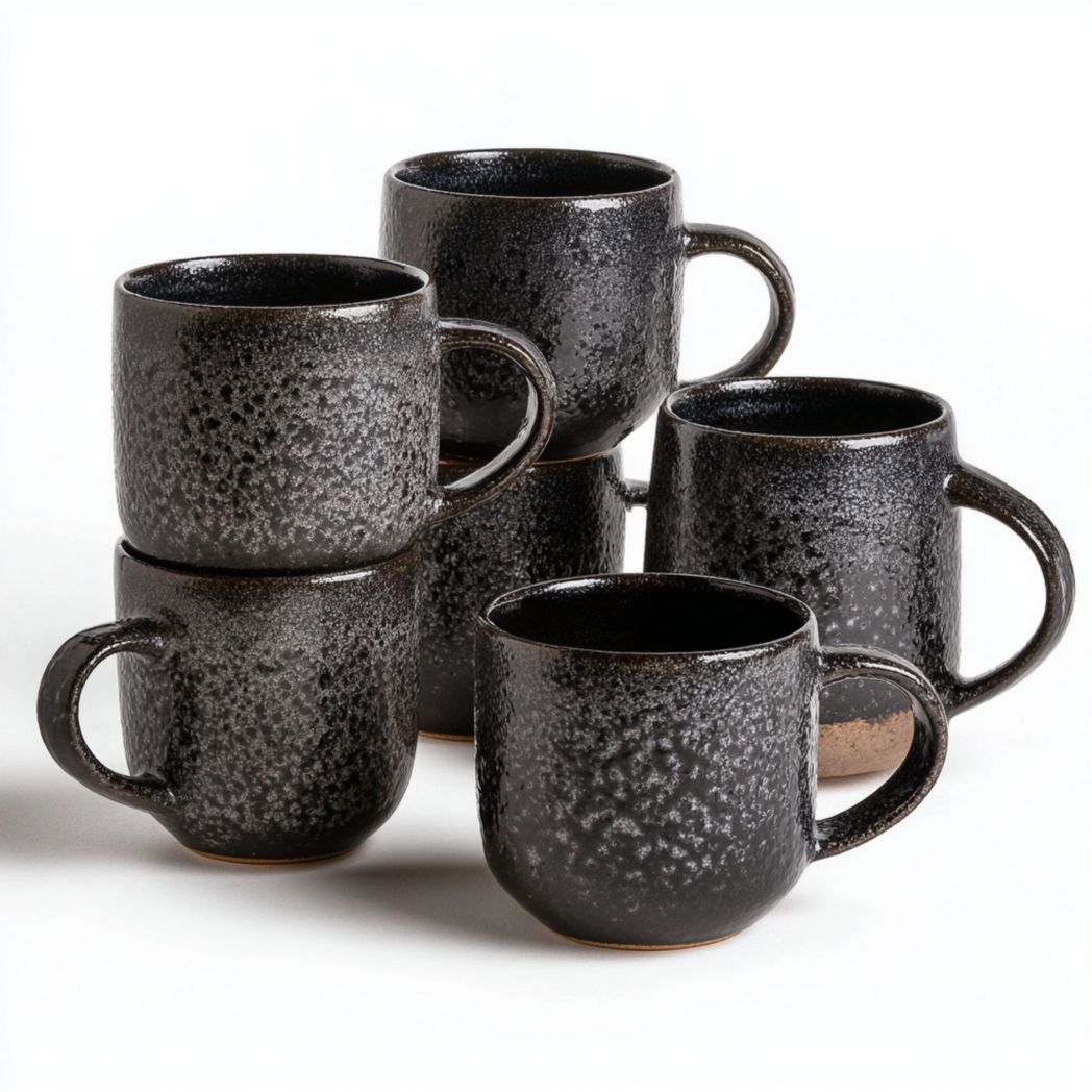 Lot de 6 mugs en céramique noirs avec surface texturée et anse